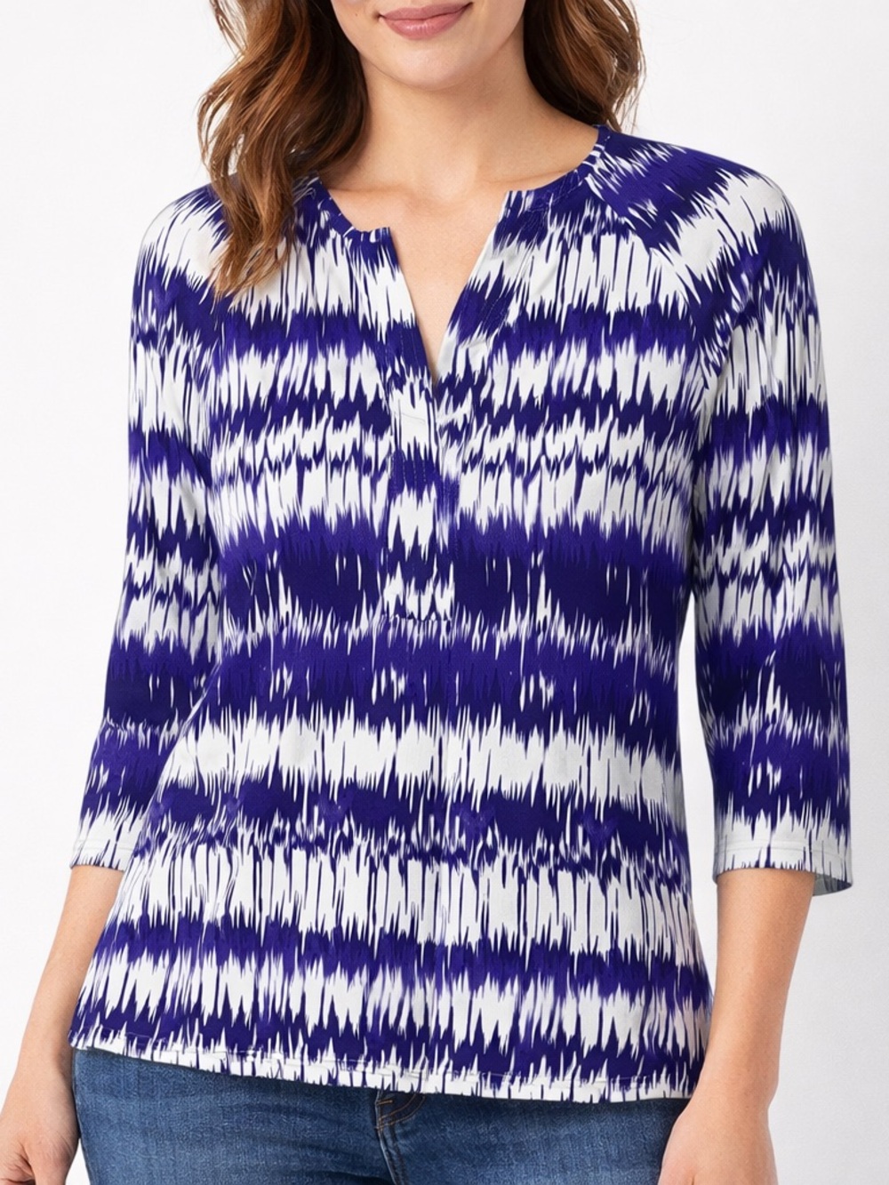 Ellie Kai Blue White Ikat Print Blouse Size 4 V Neck 3/4 Sleeve